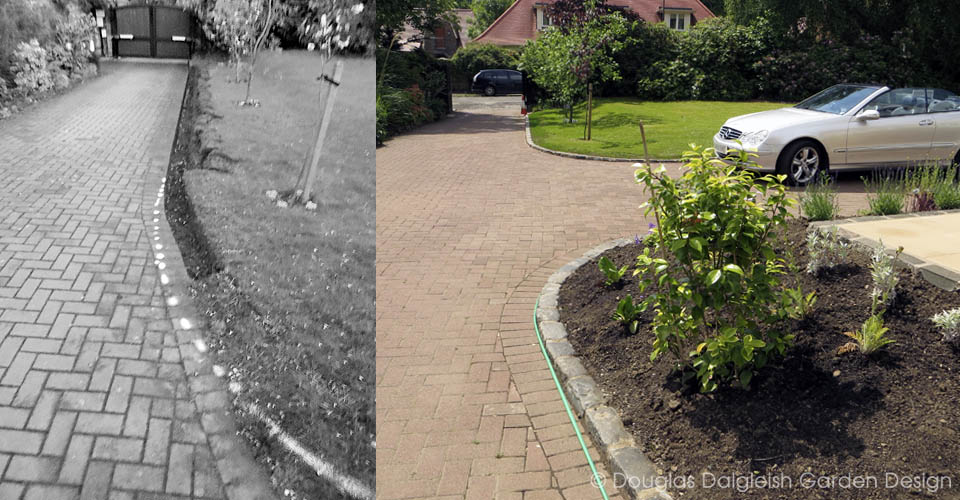 driveway edge detail, before (kerb-less, monochrome) and after (with kerb, colour)
