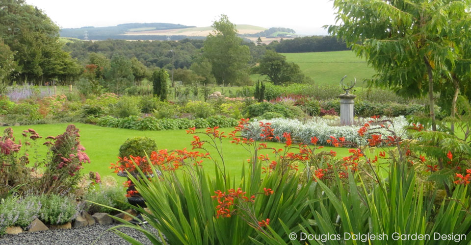 view across garden to Scottish Borders landscape